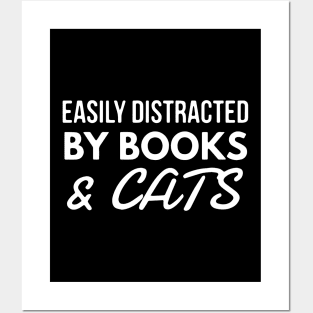 Easily Distracted By Books and Cats Shirt Cat Lover Shirt Book Lover Posters and Art